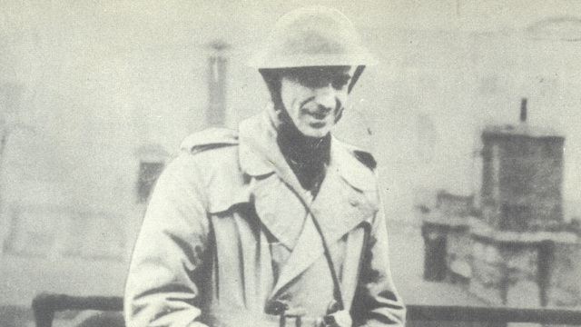 Before the U.S. entered World War II in December 1941, Pyle went to London to cover the attacks from German aircraft during the London Blitz. Here he poses for the camera during his London reporting.